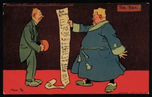 Man reading a lengthy bill from his plumber (chromolitho) Man reading a lengthy bill from his plumber (chromolitho)