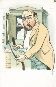 A man sharpening his straight razor on a leather strop (colour litho) A man sharpening his straight razor on a leather strop (colour litho)