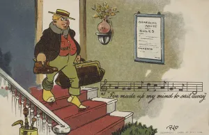 Man sneaking out of his lodgings (colour litho) Man sneaking out of his lodgings (colour litho)