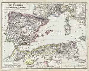 Maps Collection: Map of the Roman provinces of Hispania, Mauretania and Africa (coloured engraving)