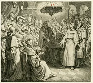 Martin Luther in front of the Emperor Charles, beside him his brother Ferdinand, 1850s (engraving)