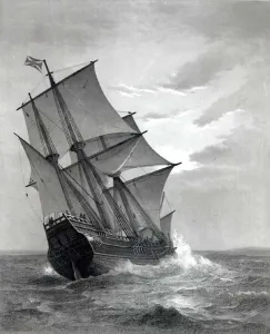 The Mayflower, engraved and pub. by John A. Lowell, Boston, 1905 (engraving) (b/w photo) The Mayflower, engraved and pub. by John A. Lowell, Boston, 1905 (engraving) (b/w photo)