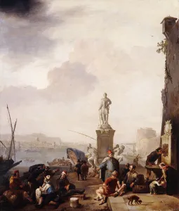 A Mediterranean Seaport with the Monument of Grand-Duke Ferdanindo I of Tuscany at A Mediterranean Seaport with the Monument of Grand-Duke Ferdanindo I of Tuscany at