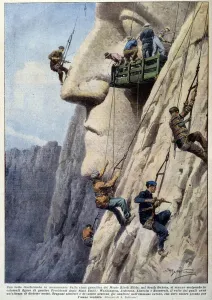 Men climbing a granite cliff and sculptors at work, for the construction of the monument Men climbing a granite cliff and sculptors at work, for the construction of the monument