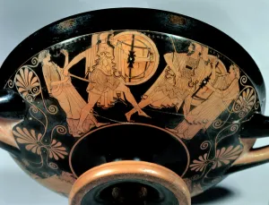 Menelaos, accompanied by Aphrodite, pursues Paris who runs towards Artemis Menelaos, accompanied by Aphrodite, pursues Paris who runs towards Artemis