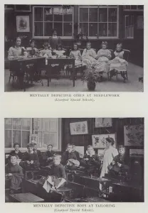 Mentally Defective Girls at Needlework, Mentally Defective Boys at Tailoring, Liverpool Special Schools (b/w photo) Mentally Defective Girls at Needlework, Mentally Defective Boys at Tailoring, Liverpool Special Schools (b/w photo)