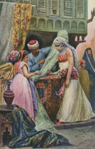 Middle Eastern women buying material (colour photo) Middle Eastern women buying material (colour photo)