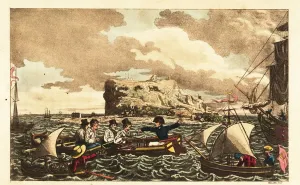 Midshipman Newcome transferred by rowboat to the HMS Vanguard near Gibraltar Midshipman Newcome transferred by rowboat to the HMS Vanguard near Gibraltar