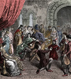 Minstrels and Jugglers at Court (hand-coloured engraving) Minstrels and Jugglers at Court (hand-coloured engraving)