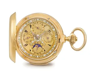 Minute repeating full calendar keyless lever watch with moon phases in hunter case, c.1900 (18k gold case) Minute repeating full calendar keyless lever watch with moon phases in hunter case, c.1900 (18k gold case)