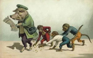 Monkeys gathering coins dropped by a pig (colour litho) Monkeys gathering coins dropped by a pig (colour litho)