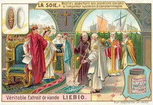 Monks bringing the first silk cocoons to the Emperor Justinian in Constantinople (chromolitho) Monks bringing the first silk cocoons to the Emperor Justinian in Constantinople (chromolitho)