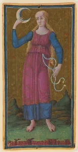The Moon, fascimile of a tarot card from the Visconti deck The Moon, fascimile of a tarot card from the Visconti deck