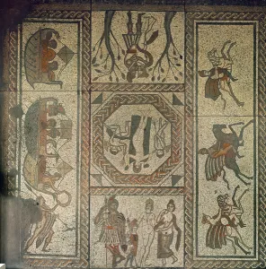 Mosaic pavement from the Roman villa at Low Ham, illustrating the story of Dido Mosaic pavement from the Roman villa at Low Ham, illustrating the story of Dido