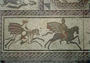 Mosaic pavement from the Roman villa at Low Ham, illustrating the story of Dido Mosaic pavement from the Roman villa at Low Ham, illustrating the story of Dido