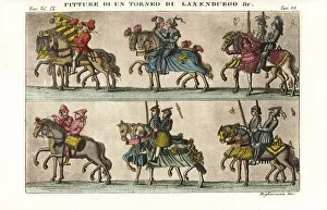 Mounted knights in armour in a procession, 15th century tournament (handcoloured copperplate engraving) Mounted knights in armour in a procession, 15th century tournament (handcoloured copperplate engraving)