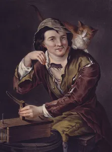 Mouse catcher with his trap and cat (colour litho) Mouse catcher with his trap and cat (colour litho)
