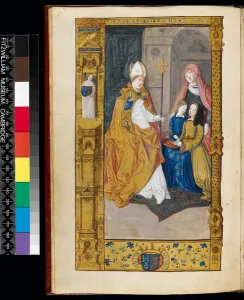 Ms 159, fol 2v Anne of Brittany presented to St Claude, from ' Ms 159, fol 2v Anne of Brittany presented to St Claude, from '