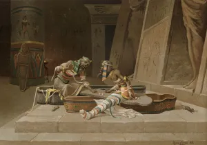 The mummies of Setna and Ptahneferka playing dice for the magic book of Thoth (chromolitho) The mummies of Setna and Ptahneferka playing dice for the magic book of Thoth (chromolitho)
