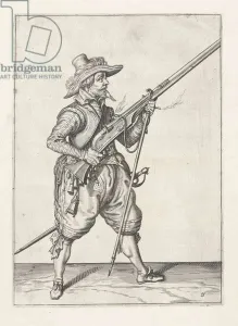 Musketeer placing his furket underneath, c.1600 (engraving) Musketeer placing his furket underneath, c.1600 (engraving)