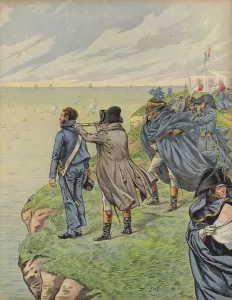 Napoleon Bonaparte surveying his fleet as they depart from Boulogne (colour litho) Napoleon Bonaparte surveying his fleet as they depart from Boulogne (colour litho)