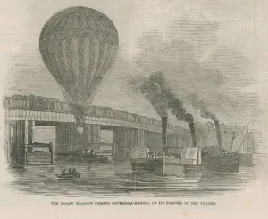 The Nassau balloon passing Battersea Bridge (engraving) The Nassau balloon passing Battersea Bridge (engraving)