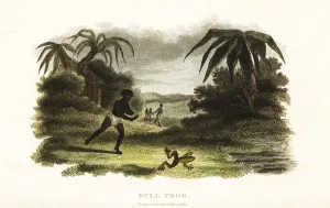 Native American man losing a race with a bull frog to a pond, 18th century Native American man losing a race with a bull frog to a pond, 18th century