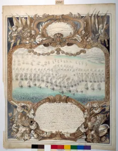 Naval Battle given near Agouste, 22nd April 1676 (black ink & mapping pen with w/c Naval Battle given near Agouste, 22nd April 1676 (black ink & mapping pen with w/c