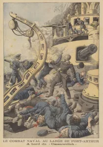 Naval battle off Port Arthur, Manchuria, during the Russo-Japanese War (colour litho) Naval battle off Port Arthur, Manchuria, during the Russo-Japanese War (colour litho)