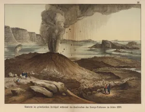 Nea Kameni, volcanic island in the caldera of the Greek island of Santorini after the euption of 1866 (colour litho) Nea Kameni, volcanic island in the caldera of the Greek island of Santorini after the euption of 1866 (colour litho)