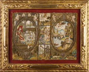 A needlework book binding depicting religious scenes with a seated king A needlework book binding depicting religious scenes with a seated king