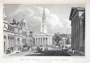 The New Opening of St Martin's Church, from Pall Mall East The New Opening of St Martin's Church, from Pall Mall East