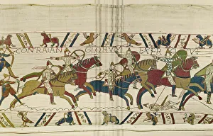 The Norman army ride into battle against the army of the English, Bayeux Tapestry (wool embroidery on linen) The Norman army ride into battle against the army of the English, Bayeux Tapestry (wool embroidery on linen)