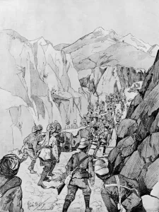 The Northamptons bringing in their dead, 1897 (lithograph) The Northamptons bringing in their dead, 1897 (lithograph)