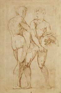 Two Nude Men Standing, one holding a lamb (ink on paper) Two Nude Men Standing, one holding a lamb (ink on paper)