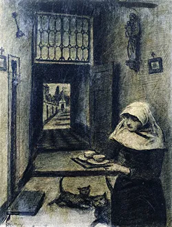 Nun with Two Cats, (pen and ink and charcoal on paper) Nun with Two Cats, (pen and ink and charcoal on paper)