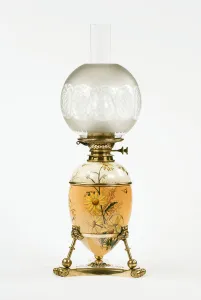 Oil lamp, 1885 (brass, glazed earthenware & glass) Oil lamp, 1885 (brass, glazed earthenware & glass)