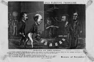 Old Elective Franchise, what's on the cards? : beware of November!, c. 1868 (litho) Old Elective Franchise, what's on the cards? : beware of November!, c. 1868 (litho)