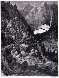 The old man holding a purse and his stick walking in a hostile landscape is surmounted by The old man holding a purse and his stick walking in a hostile landscape is surmounted by
