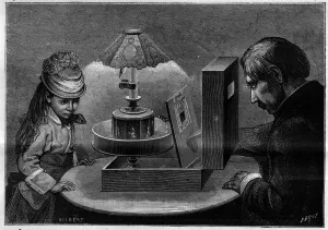 Optical illusion: the praxinoscope theatre, apparatus invented by Emile Reynaud Optical illusion: the praxinoscope theatre, apparatus invented by Emile Reynaud