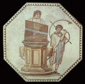 An organist and a horn player entertain at a Gladiator match (mosaic) An organist and a horn player entertain at a Gladiator match (mosaic)