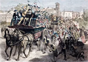 Packed coaches taking Londoners for a day out in the country in Victorian times (coloured engraving) Packed coaches taking Londoners for a day out in the country in Victorian times (coloured engraving)