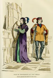 Page costumes and troubadour in the 13th century. Colour engraving after a drawing of Page costumes and troubadour in the 13th century. Colour engraving after a drawing of