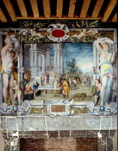 Painted fireplace top of the weapons room depicting Solomon and the Queen of Sheba Painted fireplace top of the weapons room depicting Solomon and the Queen of Sheba