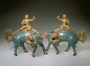 Pair of Qilin, Qianlong period (1736-95) (cloisonne & champleve enamel with gilt metal Pair of Qilin, Qianlong period (1736-95) (cloisonne & champleve enamel with gilt metal