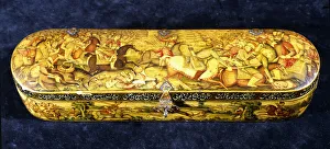 A papier mache pen box, the top painted with the battle of Chaldiran, 18th century (papier mache) A papier mache pen box, the top painted with the battle of Chaldiran, 18th century (papier mache)