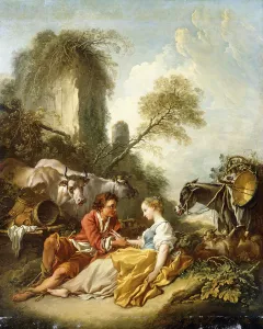 A Pastoral Landscape with a Shepherd and Shepherdess seated by Ruins, (oil on canvas) A Pastoral Landscape with a Shepherd and Shepherdess seated by Ruins, (oil on canvas)