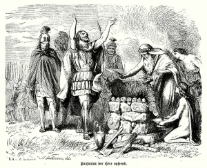 Pausanias making a sacrifice to the goddess Hera, ancient Greece (engraving) Pausanias making a sacrifice to the goddess Hera, ancient Greece (engraving)