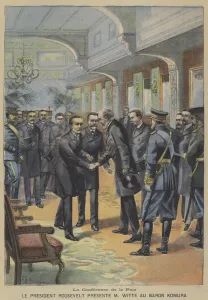 Peace negotiations between Russia and Japan to end the Russo-Japanese War at Portsmouth, New Hampshire (colour litho) Peace negotiations between Russia and Japan to end the Russo-Japanese War at Portsmouth, New Hampshire (colour litho)