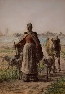 Peasant leading her cow and sheep to the fields, 1863 (pastel) Peasant leading her cow and sheep to the fields, 1863 (pastel)